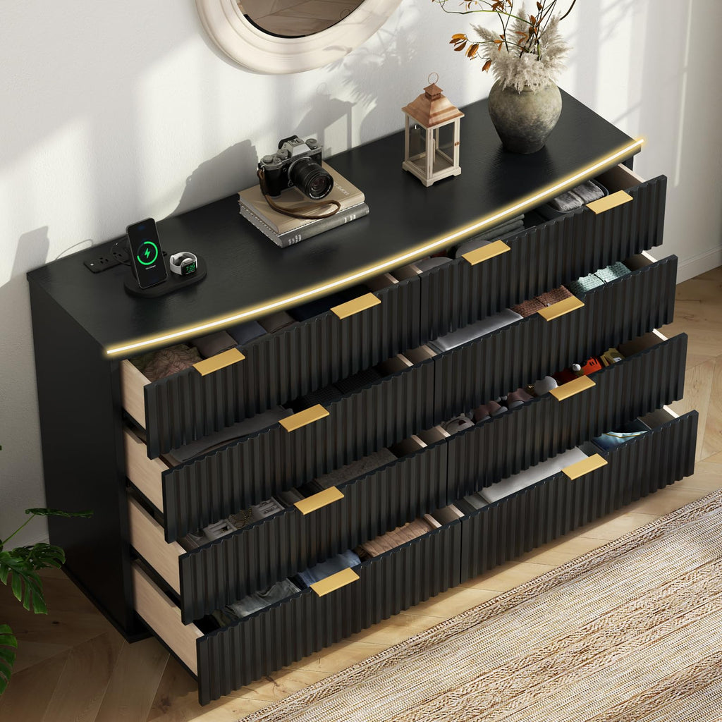 Black 8 Drawer Fluted Wood Dresser with Power Outlet P845801