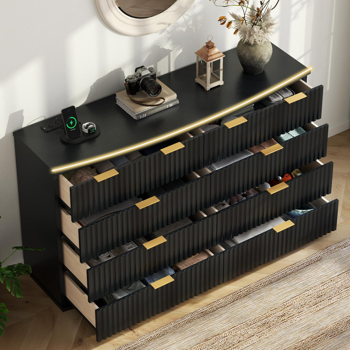 Black 8 Drawer Fluted Wood Dresser with Power Outlet P845801