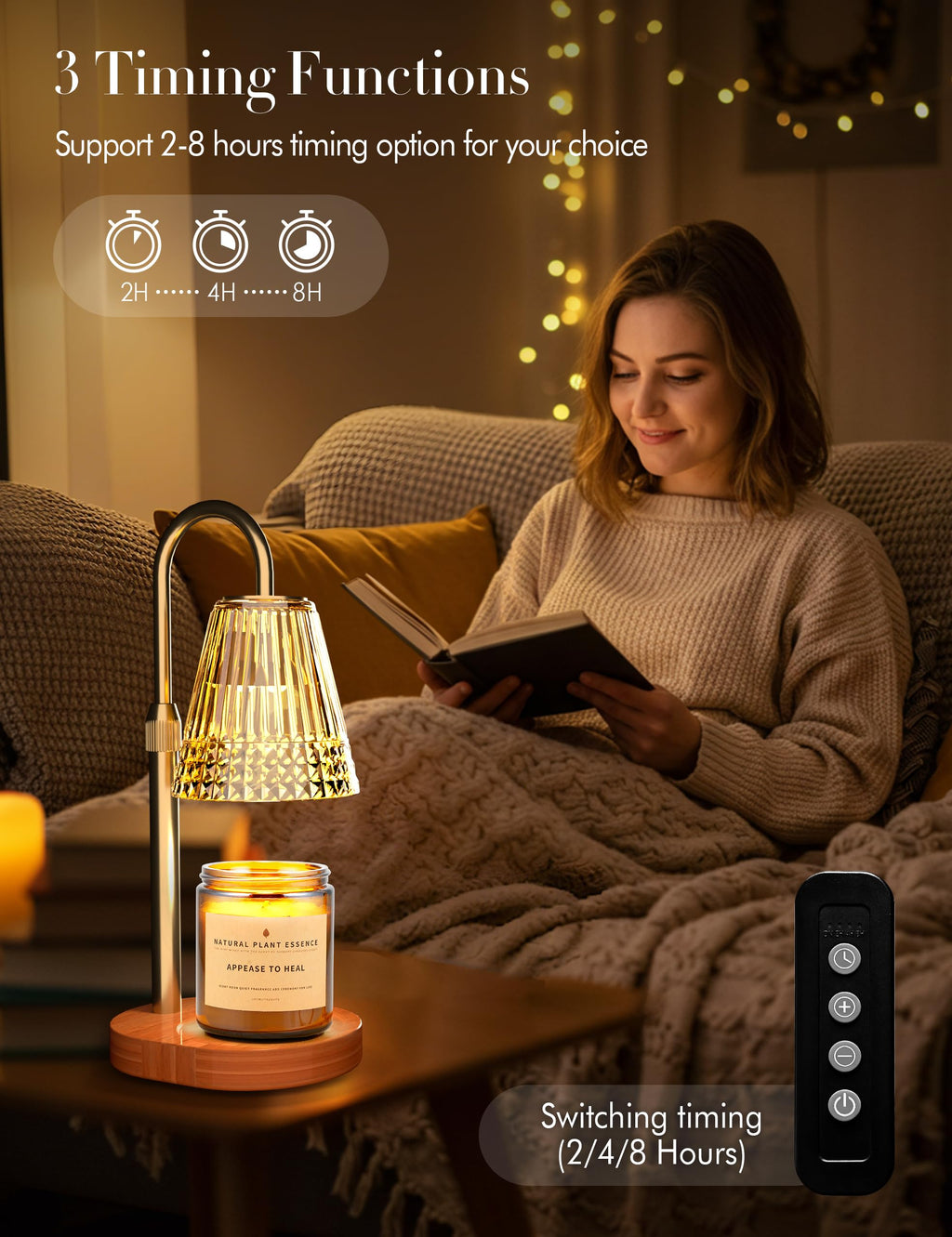 Candle Warmer Lamp with Timer Dimmer, Height Adjustable Wax Melt Warmer with 2 Bulbs, Gold R834