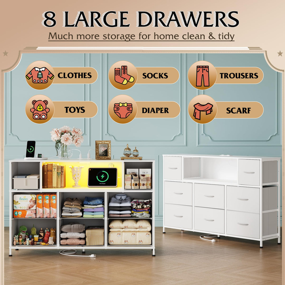 White 2-Piece TV Stand Dresser with 8+9 Fabric Drawers R394709