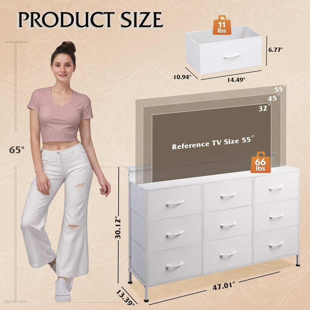 White 2-Piece TV Stand Dresser with 8+9 Fabric Drawers R394709