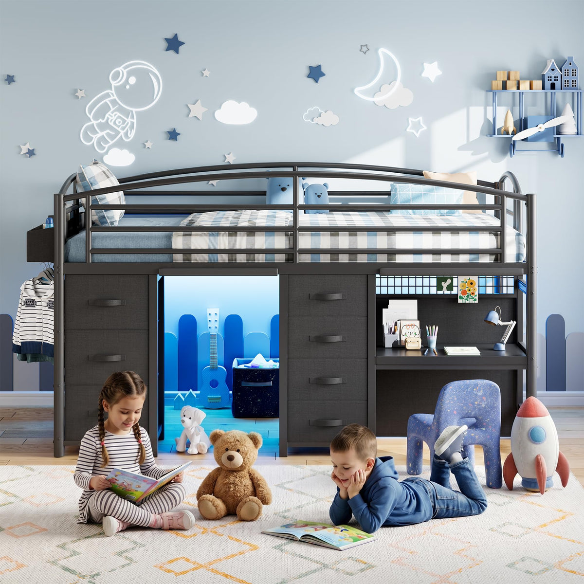 Twin Size Low Loft Bed with 7 Storage Drawers, Desk and LED Lights, Black Q34655