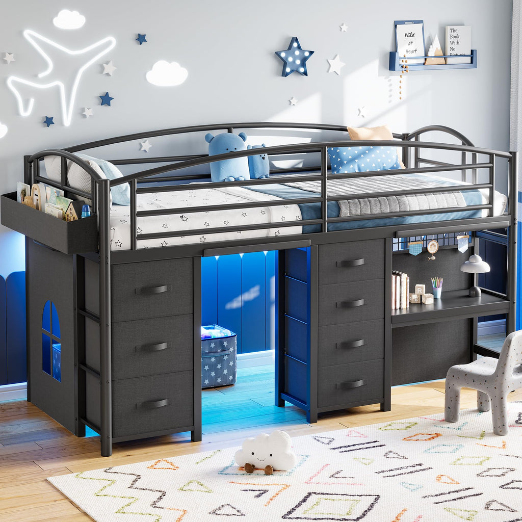 Twin Size Low Loft Bed with 7 Storage Drawers, Desk and LED Lights, Black Q34655