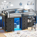 Twin Size Low Loft Bed with 7 Storage Drawers, Desk and LED Lights, Black Q34655