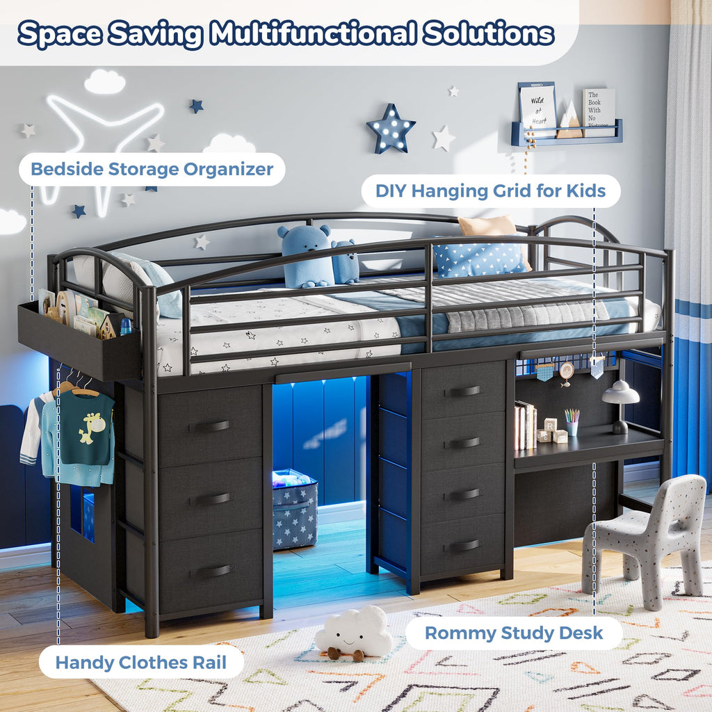 Twin Size Low Loft Bed with 7 Storage Drawers, Desk and LED Lights, Black Q34655