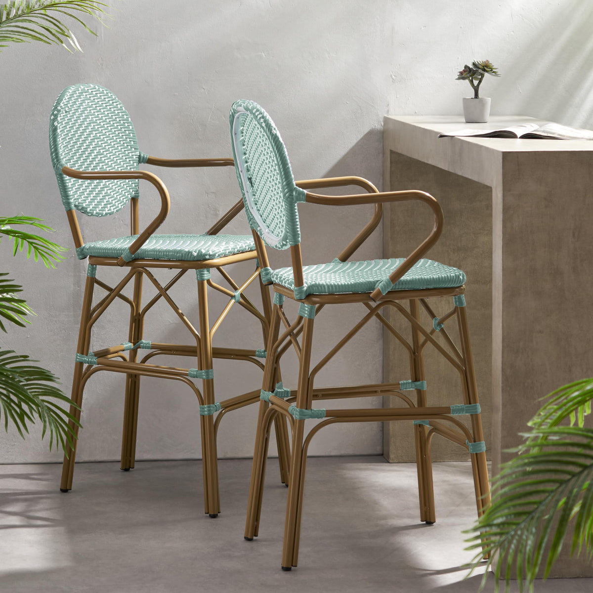 Teal Bamboo Print Wicker Aluminum Bar Stools Set of 2 R684