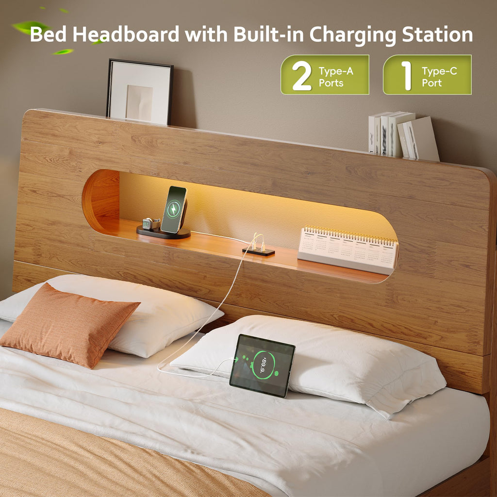 Queen Size Solid Wood Bed Frame with Storage Headboard, Brown K66981