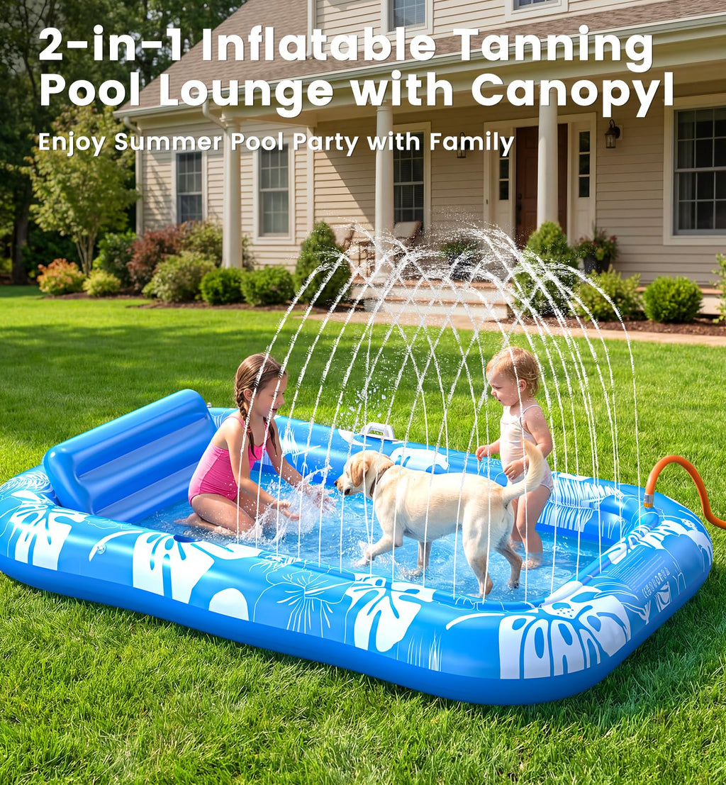 Inflatable Tanning Pool Lounger Float with Sprinkler, Pillow & Cup Holder O6436