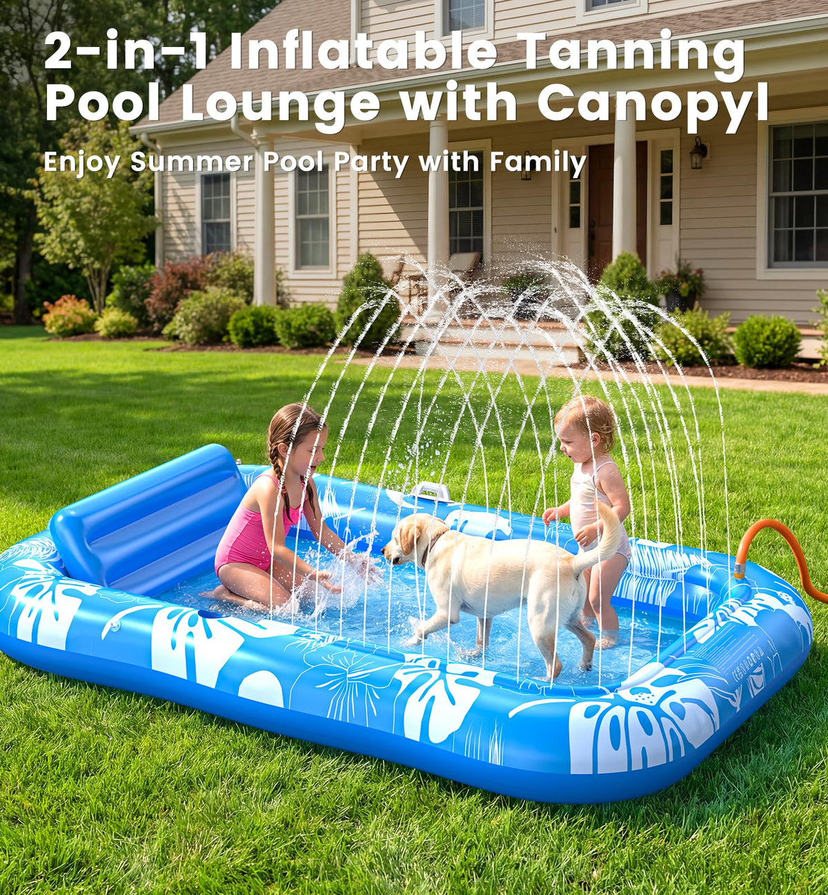 Inflatable Tanning Pool Lounger Float with Sprinkler, Pillow & Cup Holder O6436