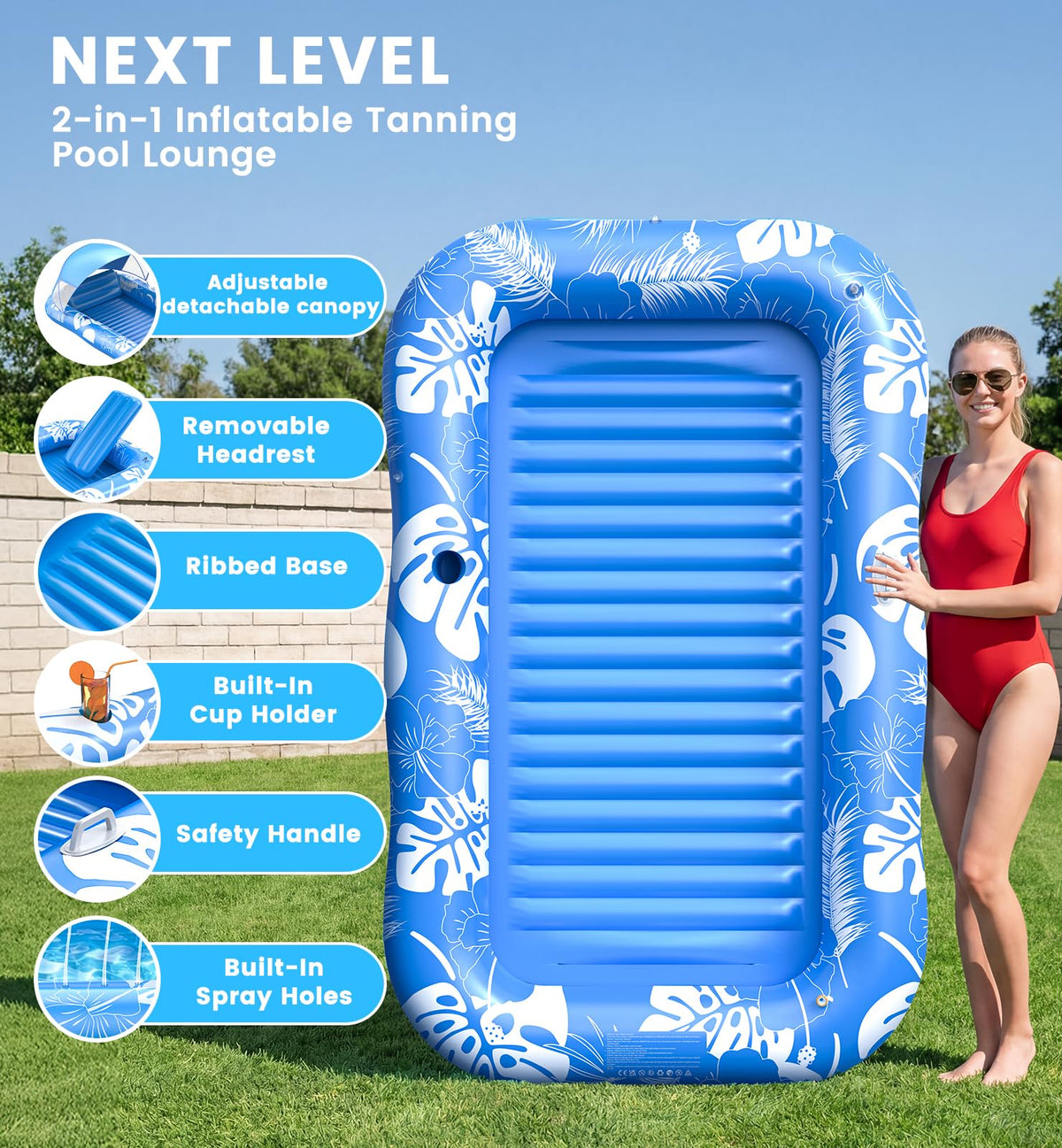Inflatable Tanning Pool Lounger Float with Sprinkler, Pillow & Cup Holder O6436