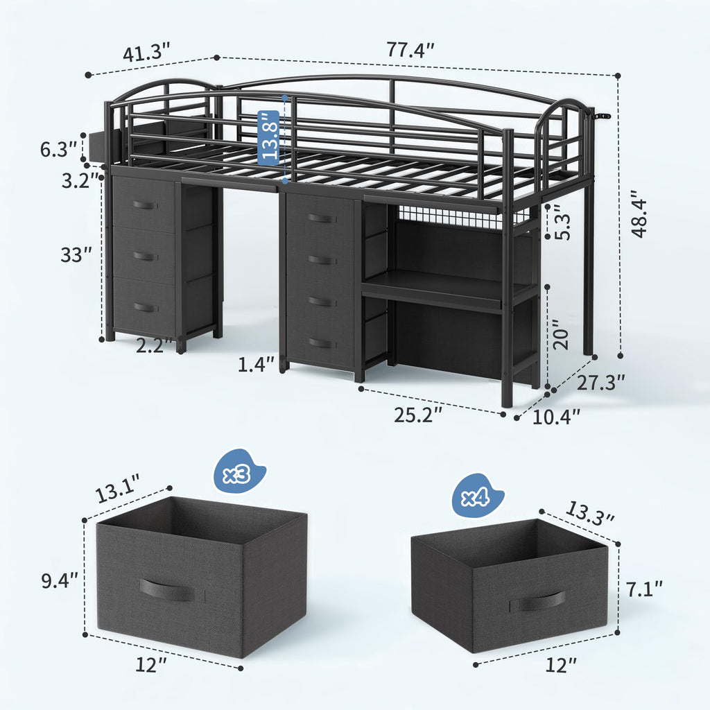 Twin Size Low Loft Bed with 7 Storage Drawers, Desk and LED Lights, Black Q34655