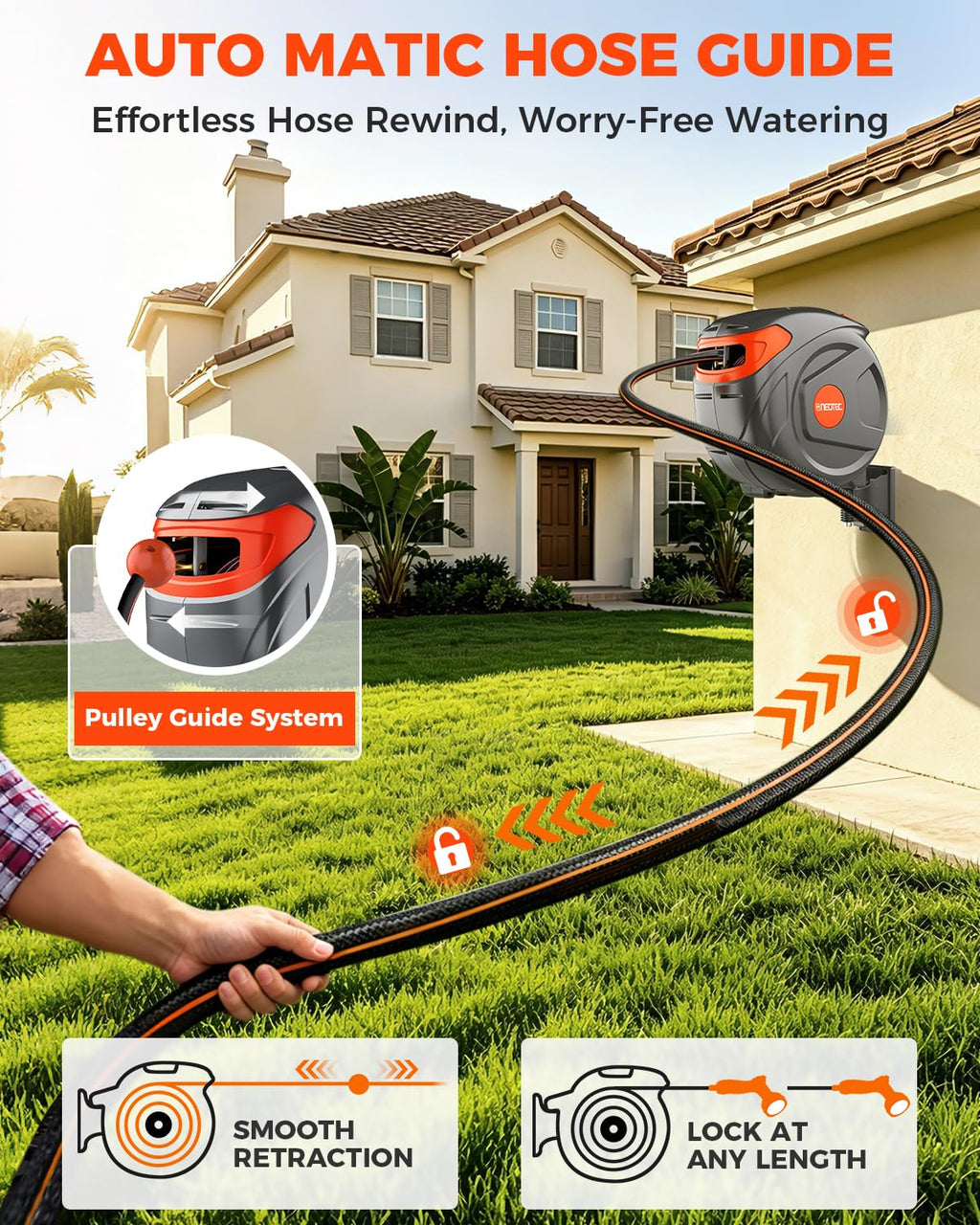 Retractable Garden Hose Reel 100 ft 1/2 Inch with 3-Layer PVC Hose V173