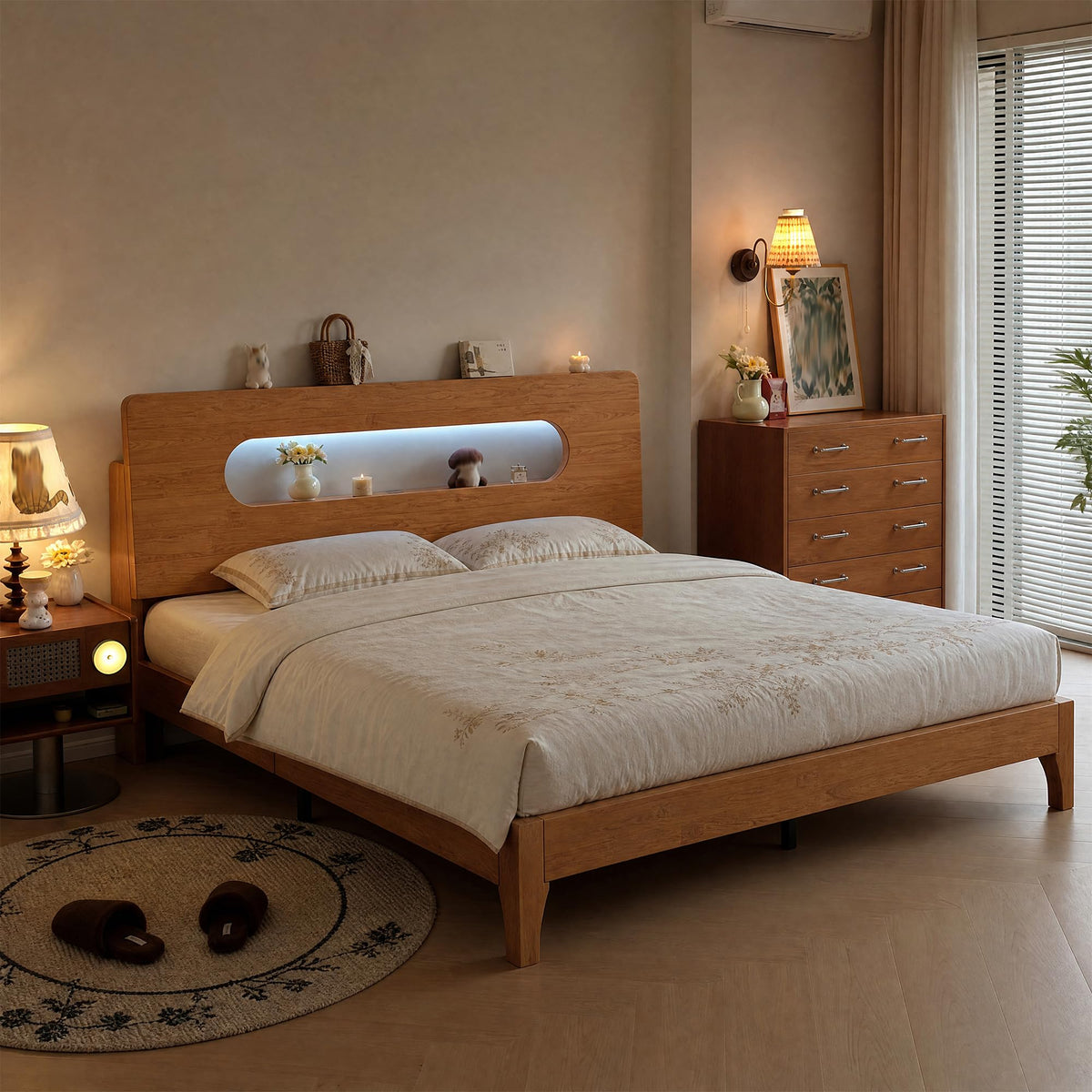 Queen Size Solid Wood Bed Frame with Storage Headboard, Brown K66981