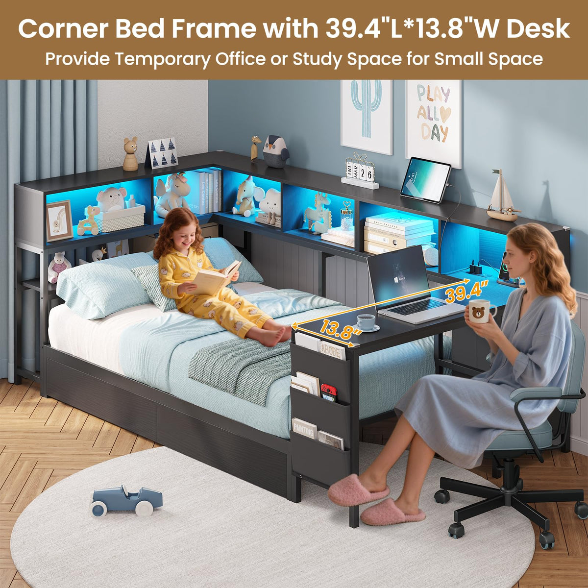 Black Twin Size Corner Bed Frame with Desk and Storage B135