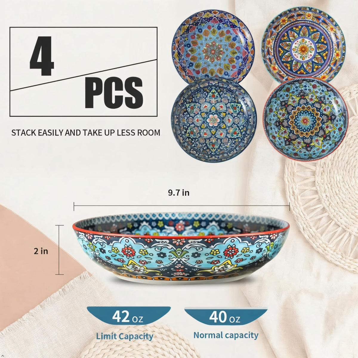 Pasta Bowls Set of 4, 42 oz Ceramic Serving Bowls G36500