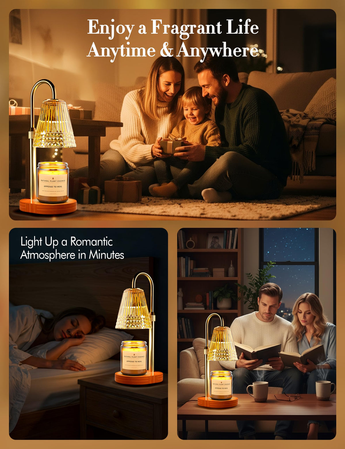 Candle Warmer Lamp with Timer Dimmer, Height Adjustable Wax Melt Warmer with 2 Bulbs, Gold R834