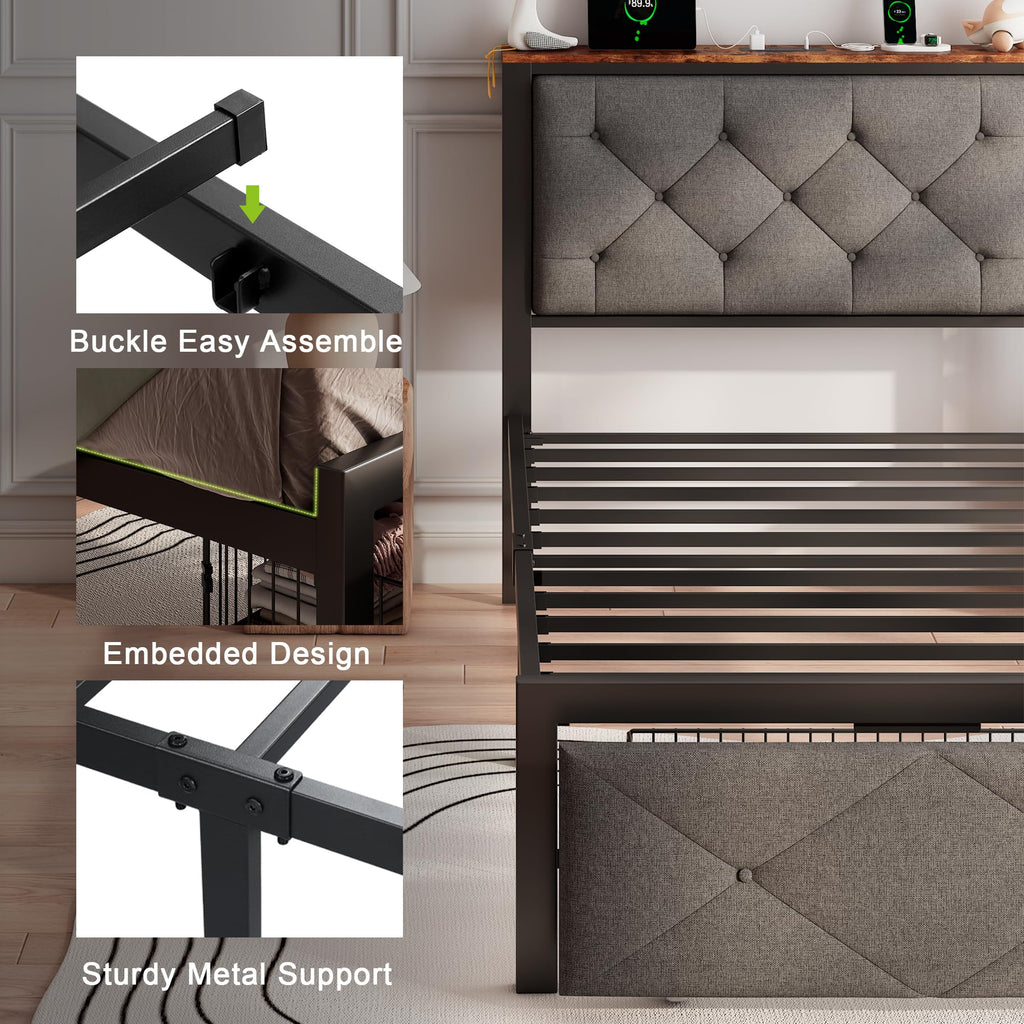 Twin Metal Platform Bed Frame with Storage Drawers and Headboard U9970