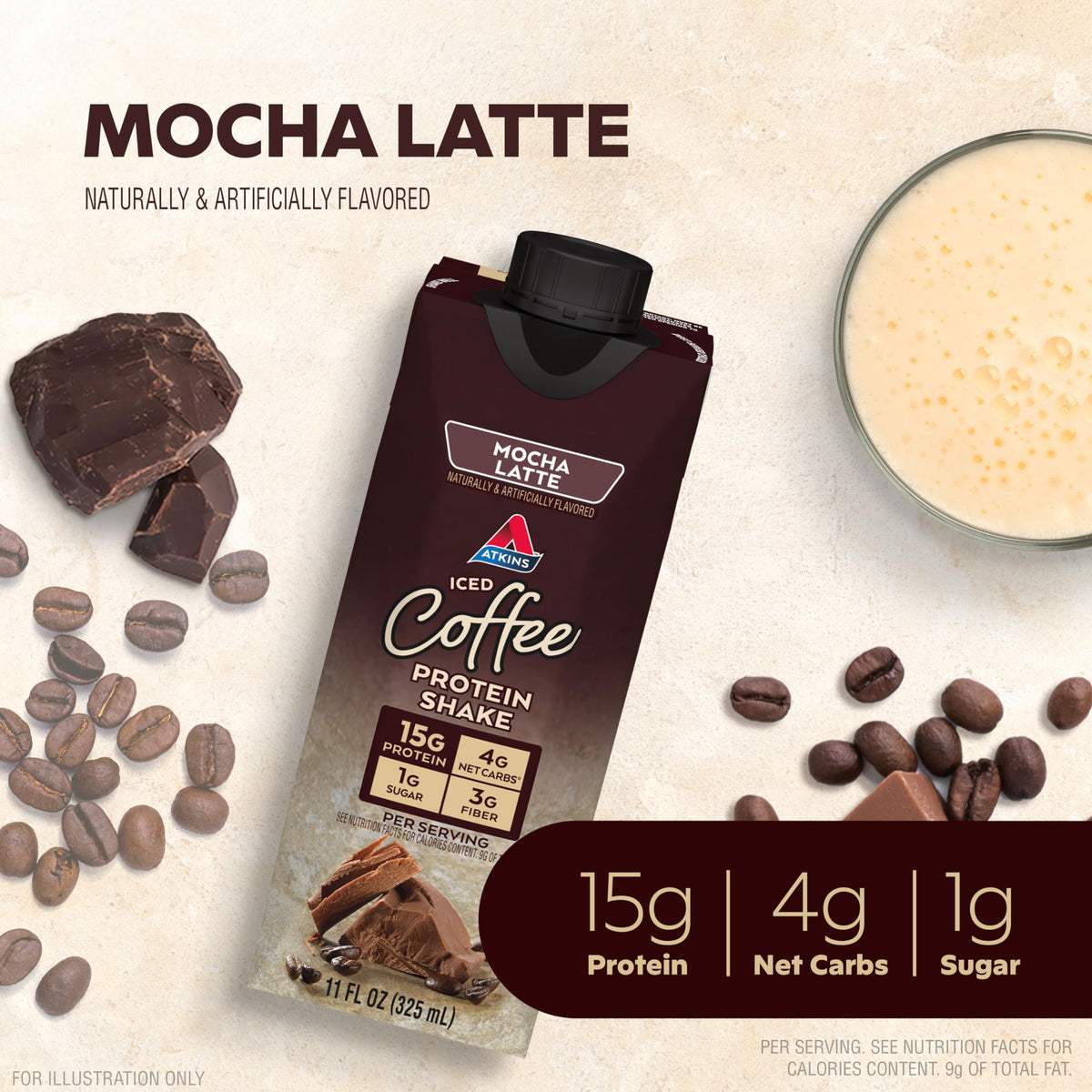 Dark Chocolate Mocha Latte Protein Shake, 15g Protein, 4g Net Carb, 1g Sugar I9839