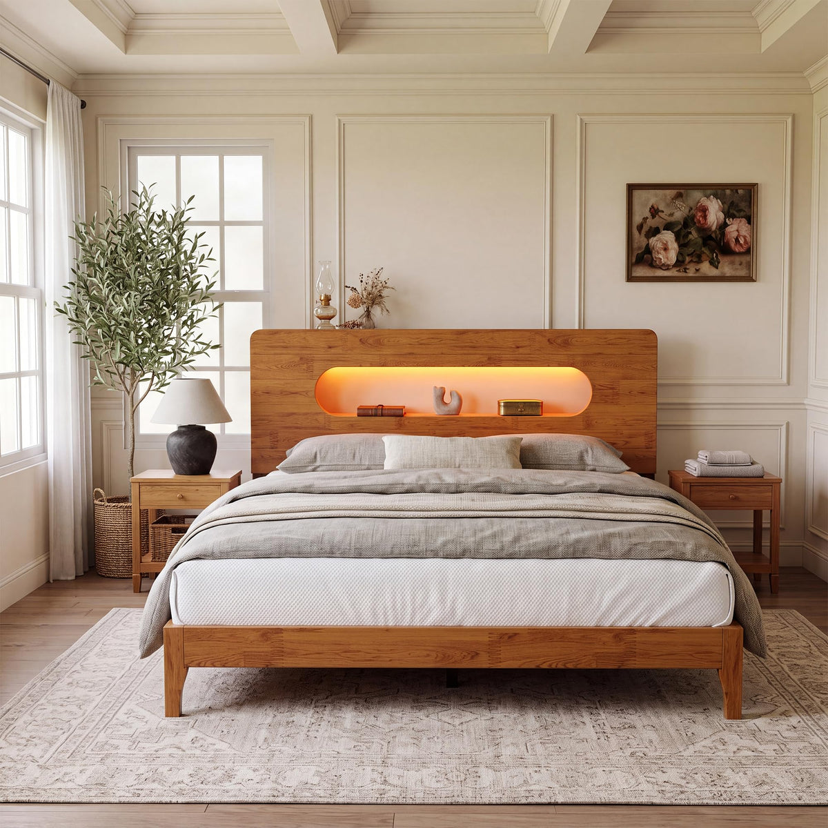 Queen Size Solid Wood Bed Frame with Storage Headboard, Brown K66981