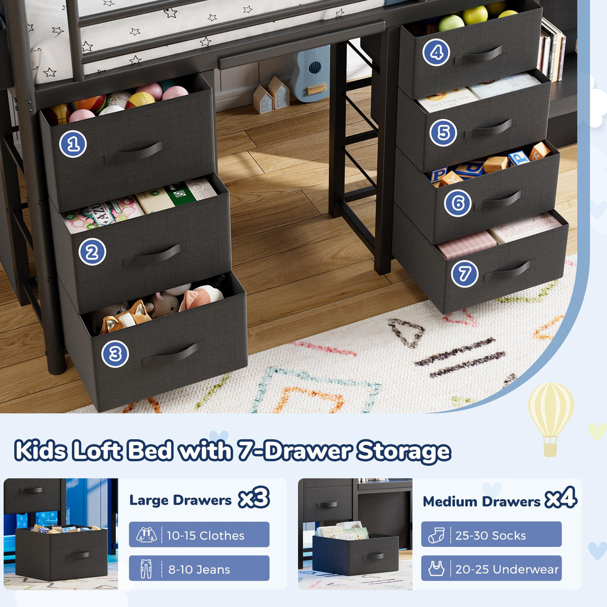 Twin Size Low Loft Bed with 7 Storage Drawers, Desk and LED Lights, Black Q34655