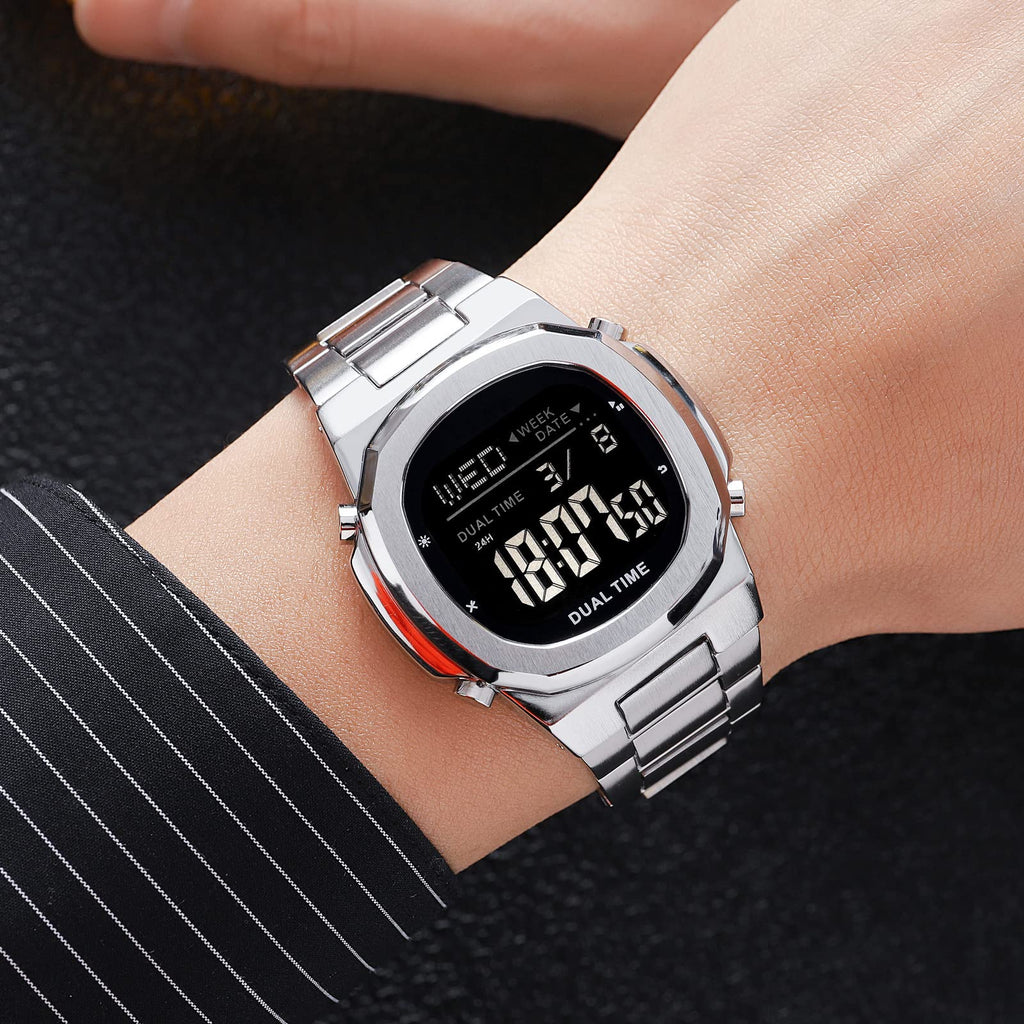 Men's Multifunctional Electronic Outdoor Sports Watch EL Light Large Digital Display Stainless Steel A2336