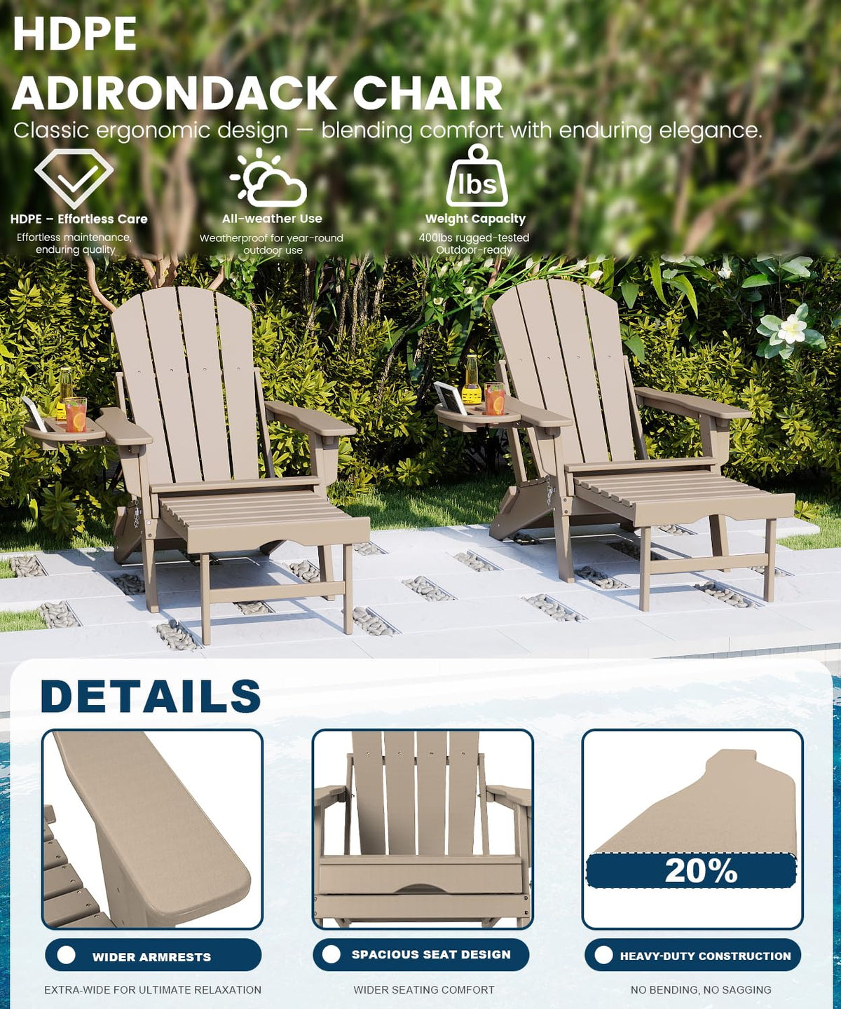 Folding Adjustable Adirondack Chair with Ottoman Set of 2 Z227