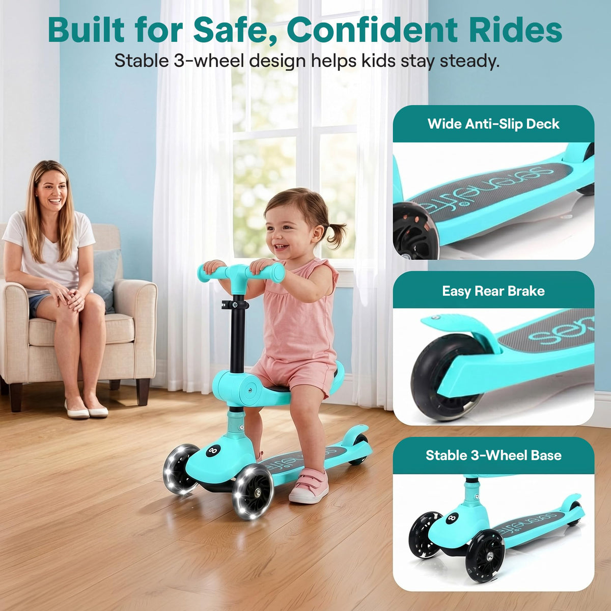 3-Wheel Kids Scooter with Seat, LED Wheels, Adjustable Handlebar E9293