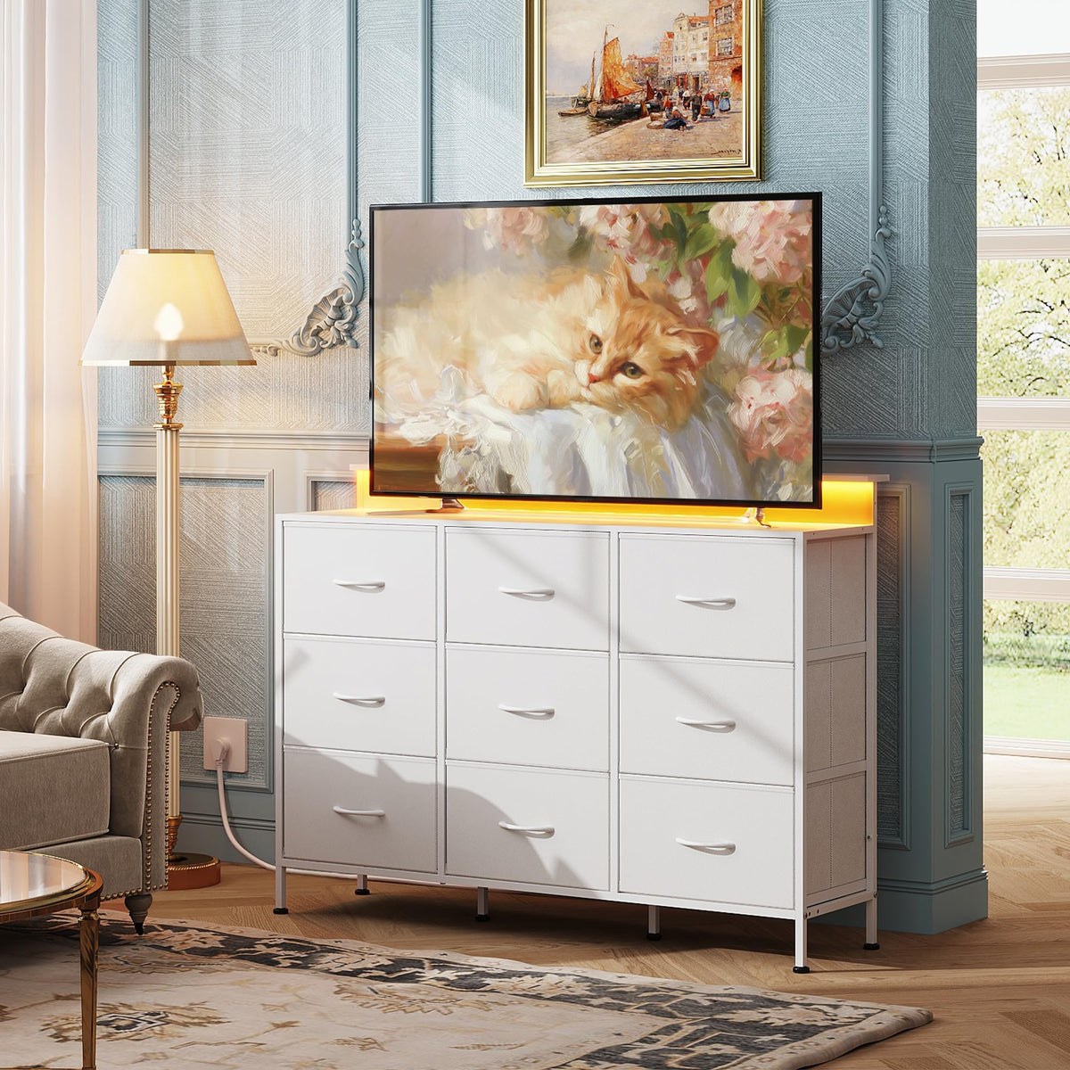 White 2-Piece TV Stand Dresser with 8+9 Fabric Drawers R394709