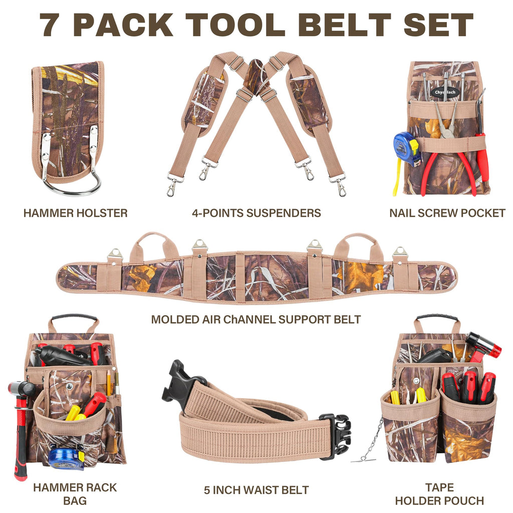 7-Piece Tool Belt Rig with 16 Pockets and Dual Hammer Loops J8219