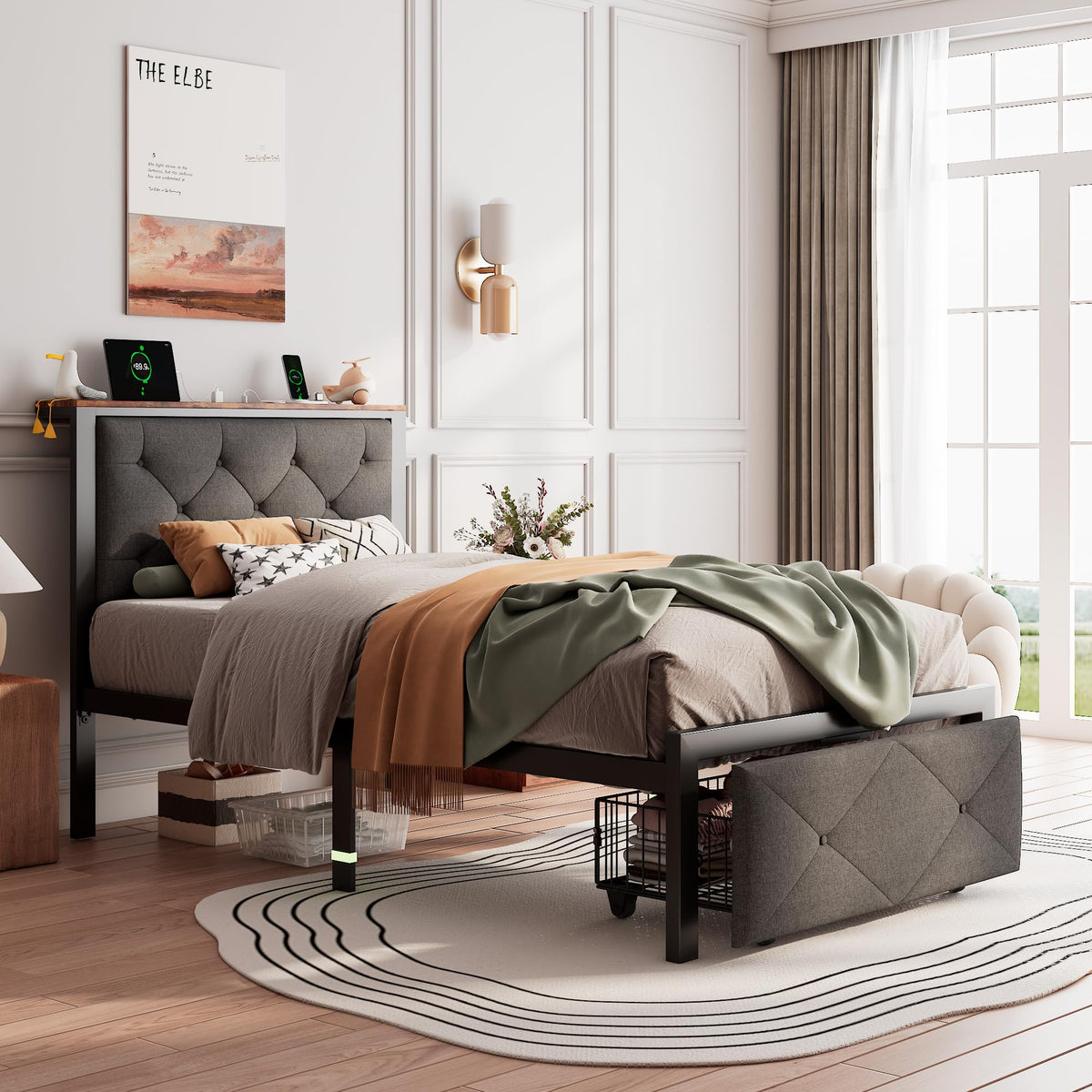 Twin Metal Platform Bed Frame with Storage Drawers and Headboard U9970