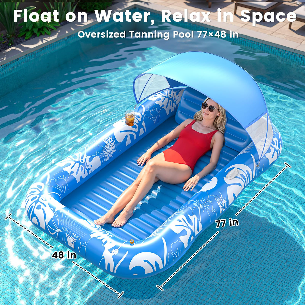 Inflatable Tanning Pool Lounger Float with Sprinkler, Pillow & Cup Holder O6436