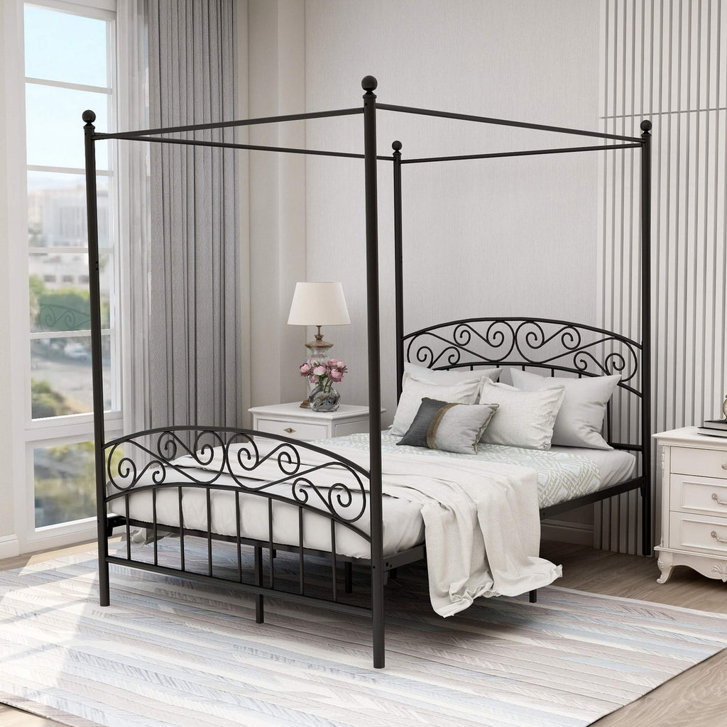 Black Four-Poster Metal Canopy Bed Frame O964772