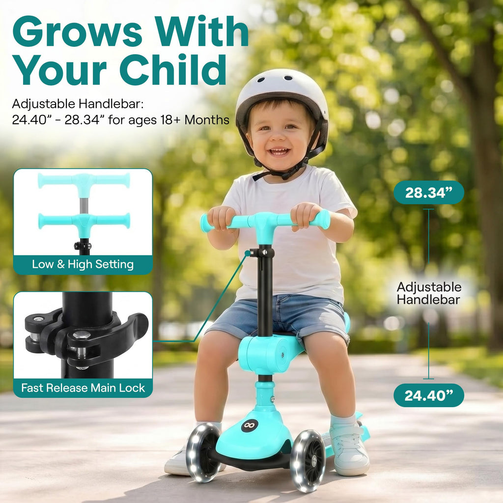 3-Wheel Kids Scooter with Seat, LED Wheels, Adjustable Handlebar E9293