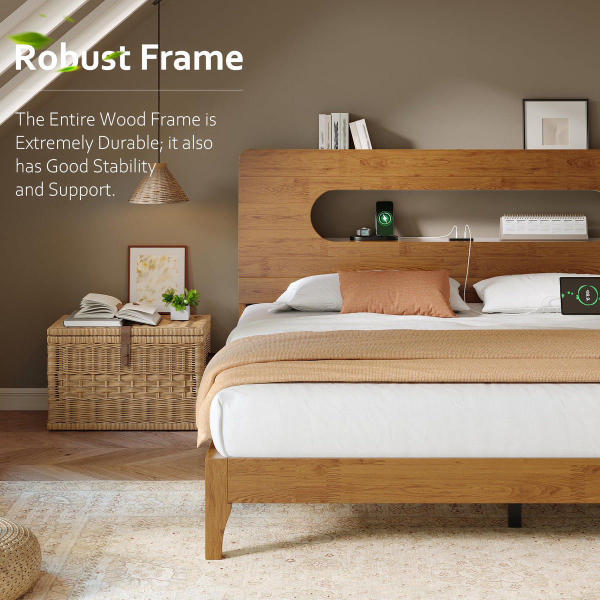 Queen Size Solid Wood Bed Frame with Storage Headboard, Brown K66981