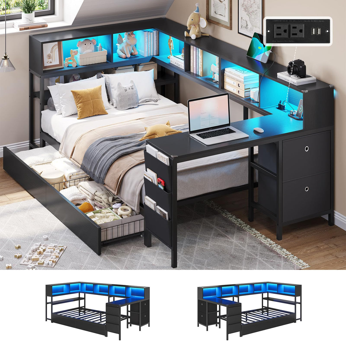Black Twin Size Corner Bed Frame with Desk and Storage B135