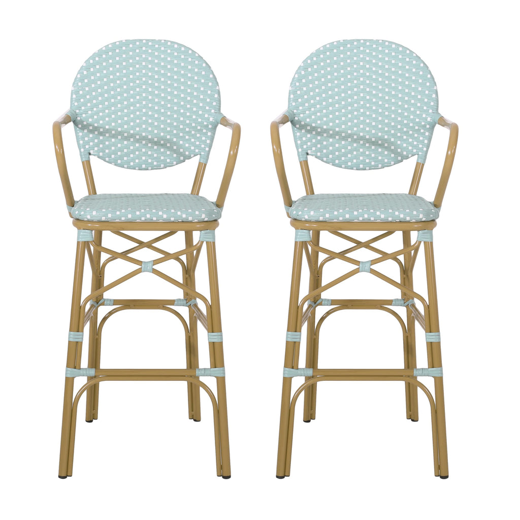 Teal Bamboo Print Wicker Aluminum Bar Stools Set of 2 R684