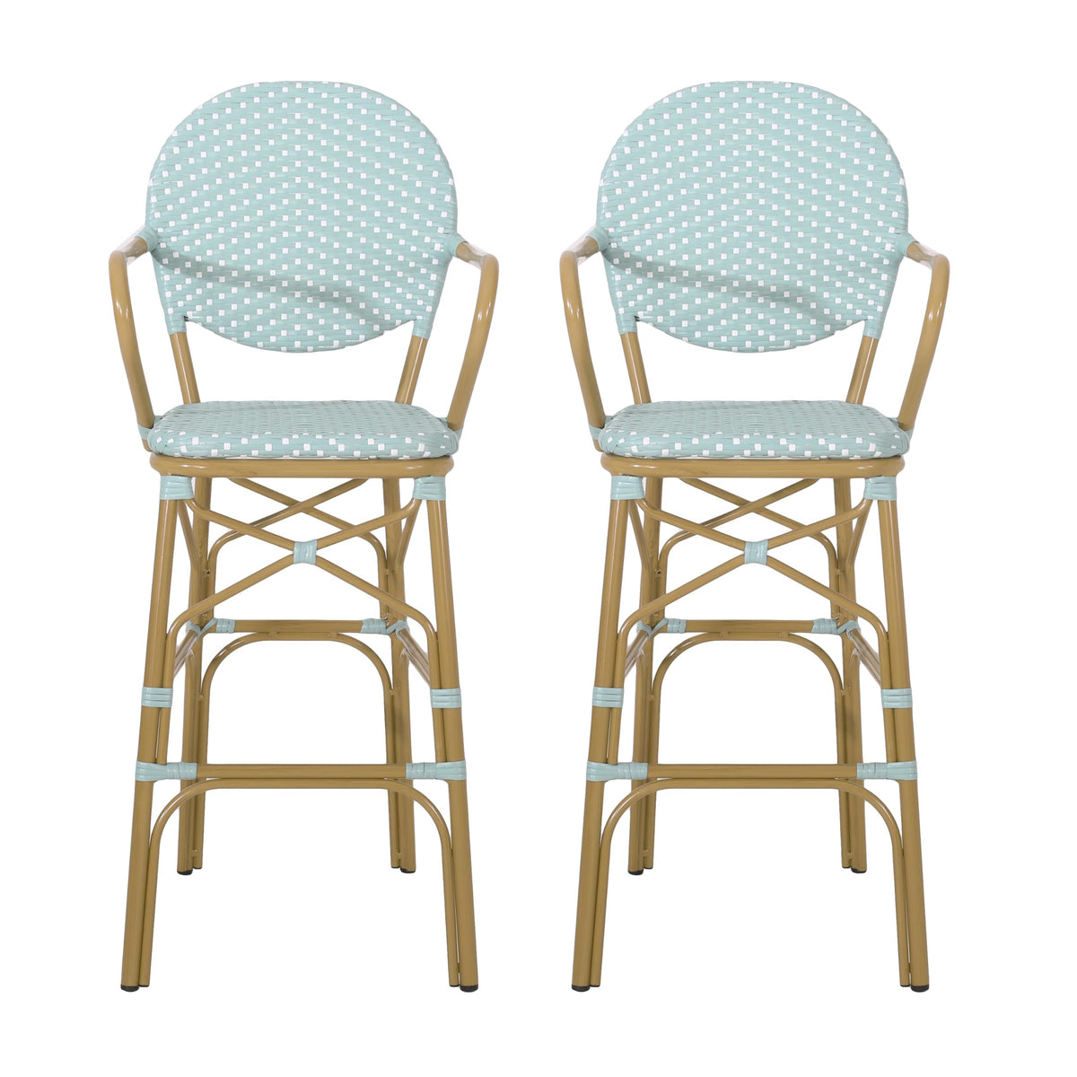 Teal Bamboo Print Wicker Aluminum Bar Stools Set of 2 R684