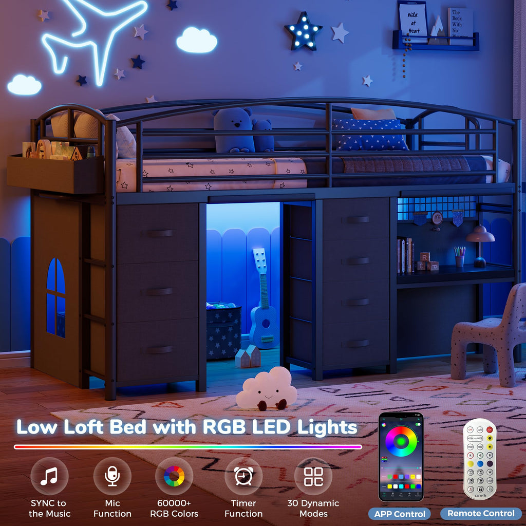 Twin Size Low Loft Bed with 7 Storage Drawers, Desk and LED Lights, Black Q34655