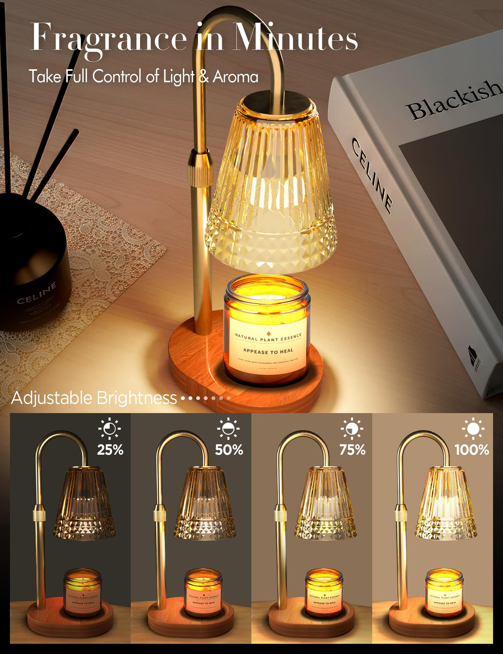 Candle Warmer Lamp with Timer Dimmer, Height Adjustable Wax Melt Warmer with 2 Bulbs, Gold R834