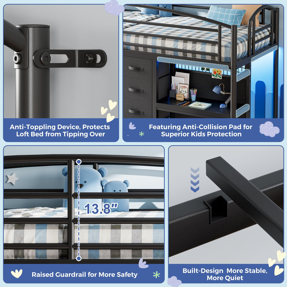 Twin Size Low Loft Bed with 7 Storage Drawers, Desk and LED Lights, Black Q34655