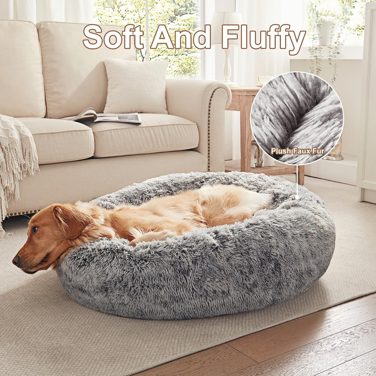 36 inches Faux Fur Fluffy Donut Dog Bed Dark Grey E4233