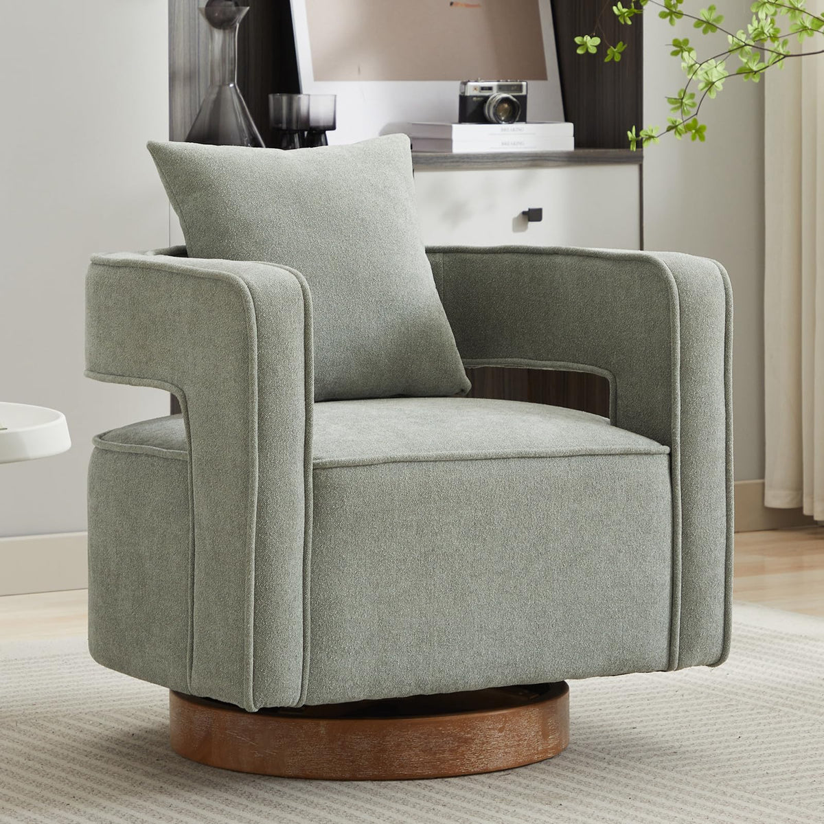 Green Linen Swivel Accent Barrel Chair Set of 2 with Solid Wood Base W4804