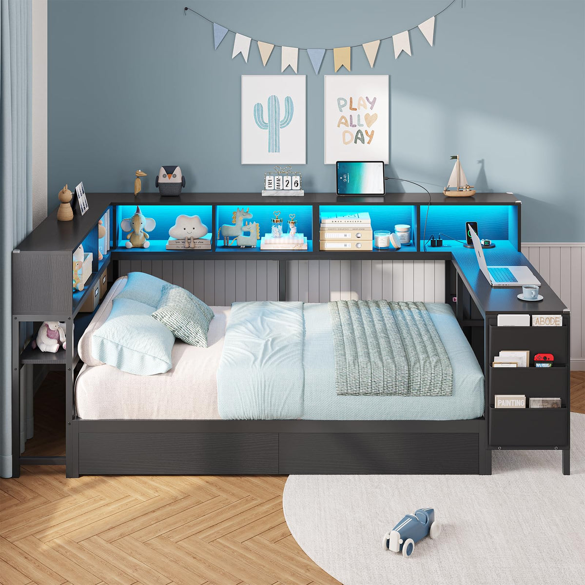 Black Twin Size Corner Bed Frame with Desk and Storage B135