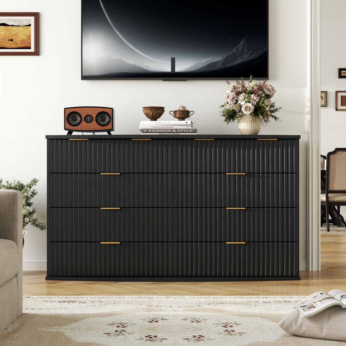 Black 8 Drawer Fluted Wood Dresser with Power Outlet P845801