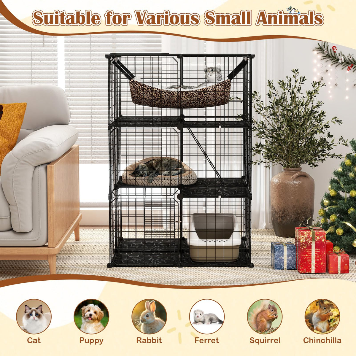 Black 4-Tier Metal Cat Cage with Hammock S17850