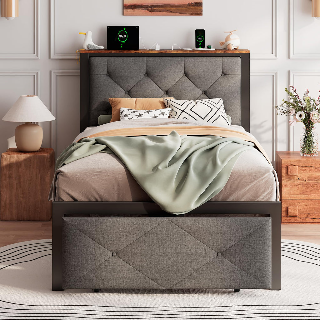 Twin Metal Platform Bed Frame with Storage Drawers and Headboard U9970