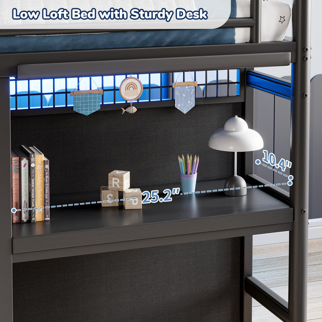 Twin Size Low Loft Bed with 7 Storage Drawers, Desk and LED Lights, Black Q34655