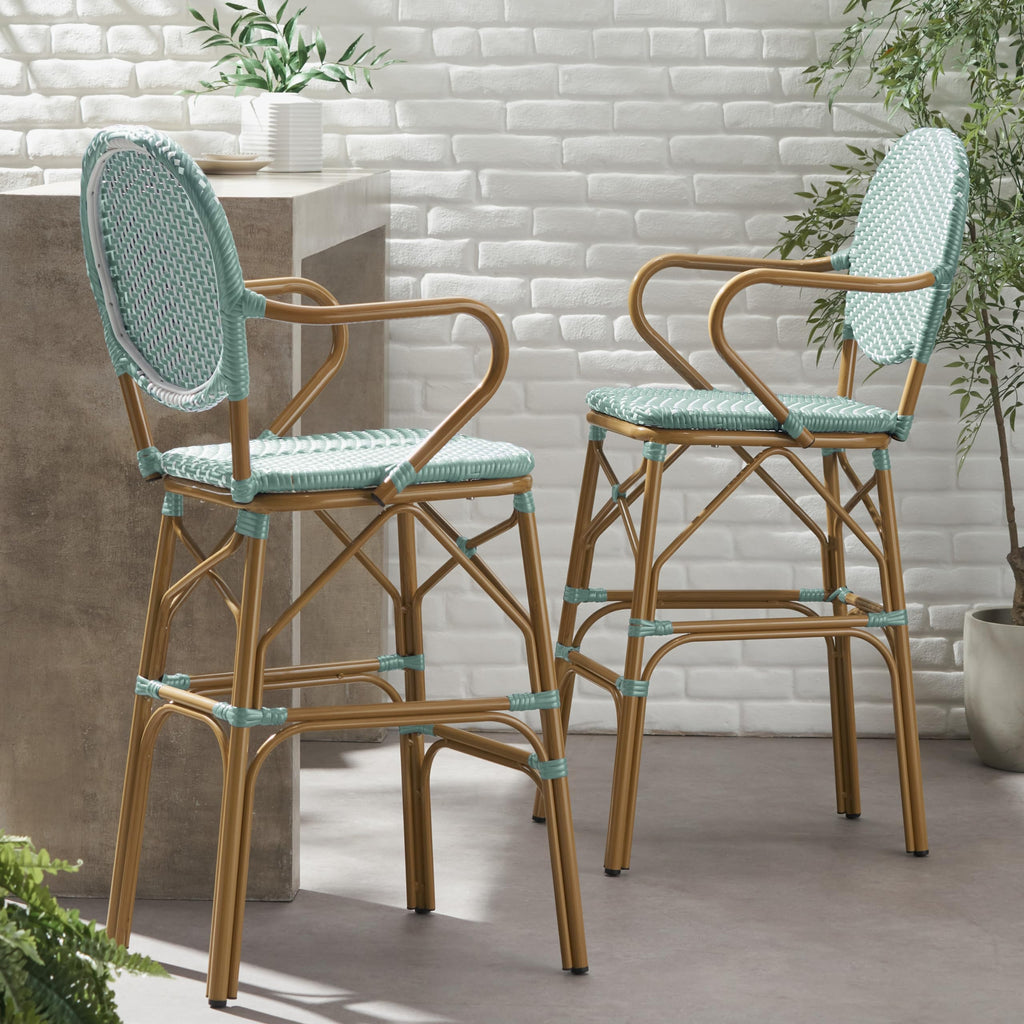 Teal Bamboo Print Wicker Aluminum Bar Stools Set of 2 R684