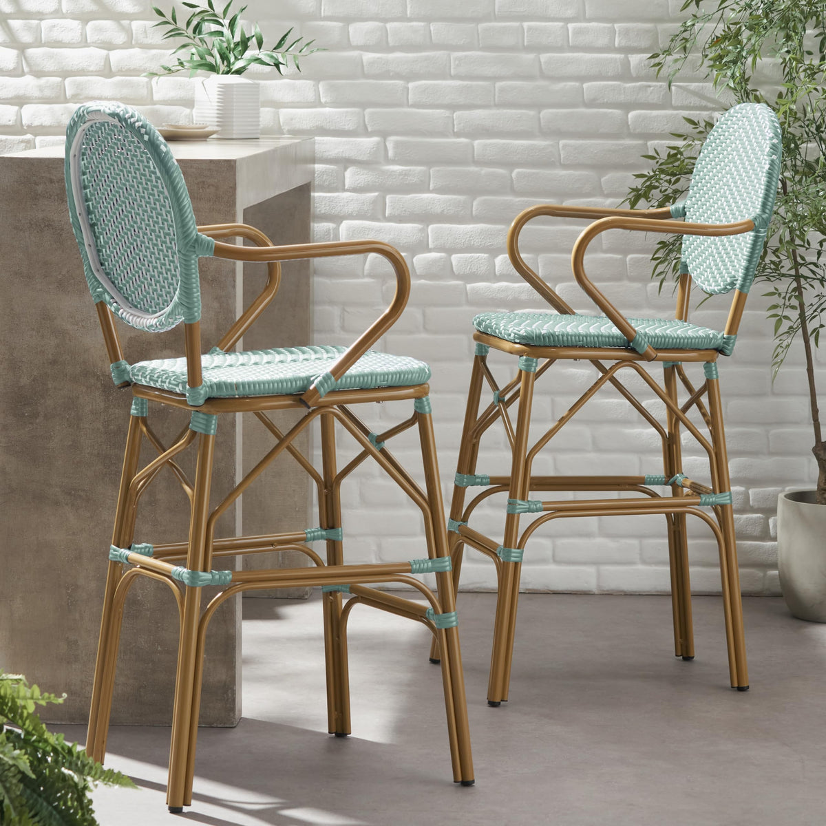 Teal Bamboo Print Wicker Aluminum Bar Stools Set of 2 R684