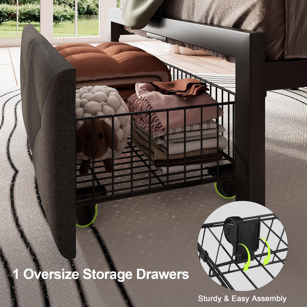 Twin Metal Platform Bed Frame with Storage Drawers and Headboard U9970
